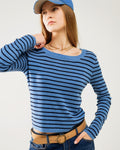 Blue Striped Fine Knit Sweater with Boat Neck