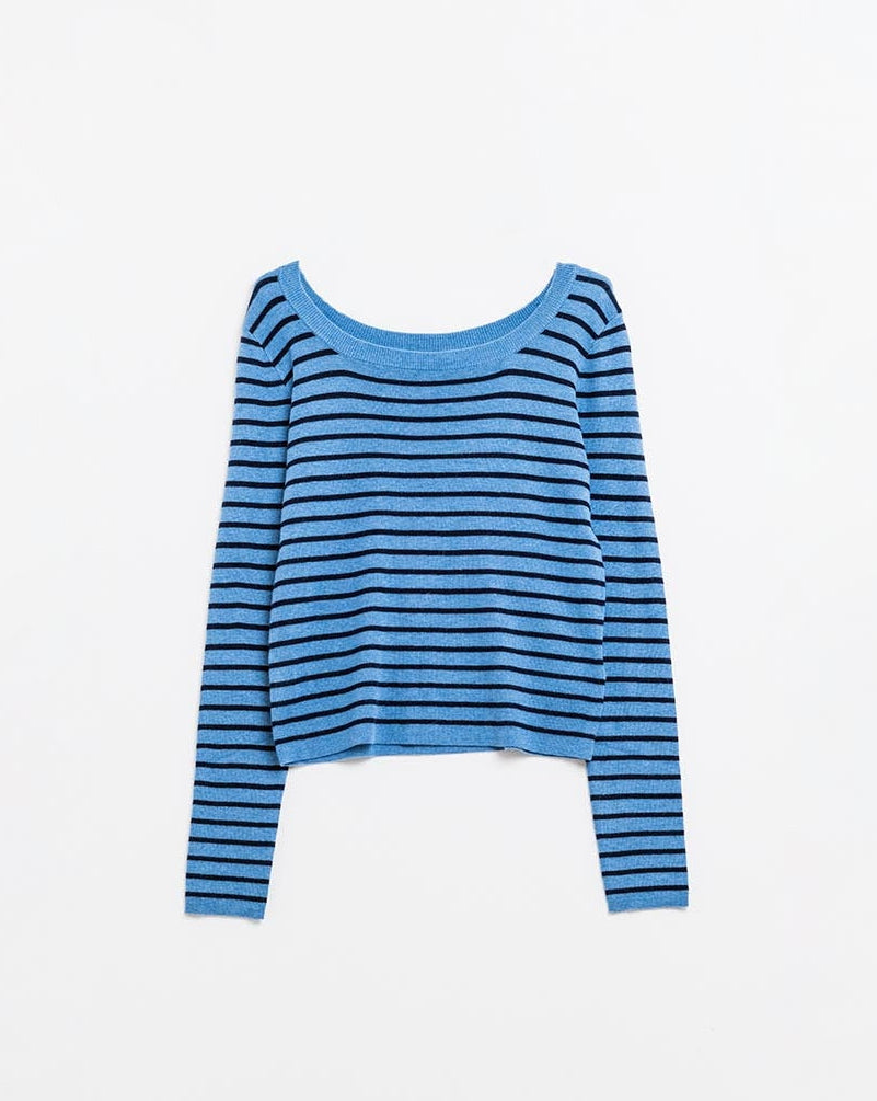 Blue Striped Fine Knit Sweater with Boat Neck