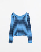 Blue Striped Fine Knit Sweater with Boat Neck