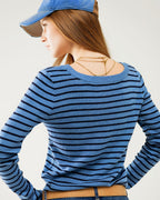 Blue Striped Fine Knit Sweater with Boat Neck