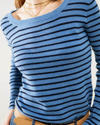 Blue Striped Fine Knit Sweater with Boat Neck