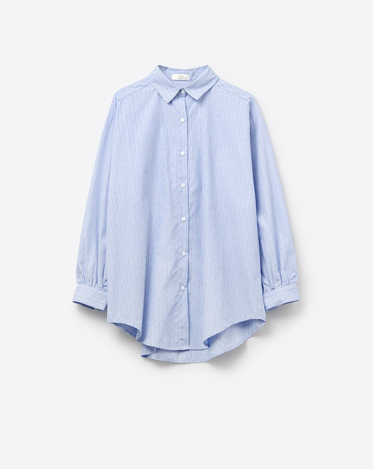 Blue Striped Poplin Shirt Embellished with Strass