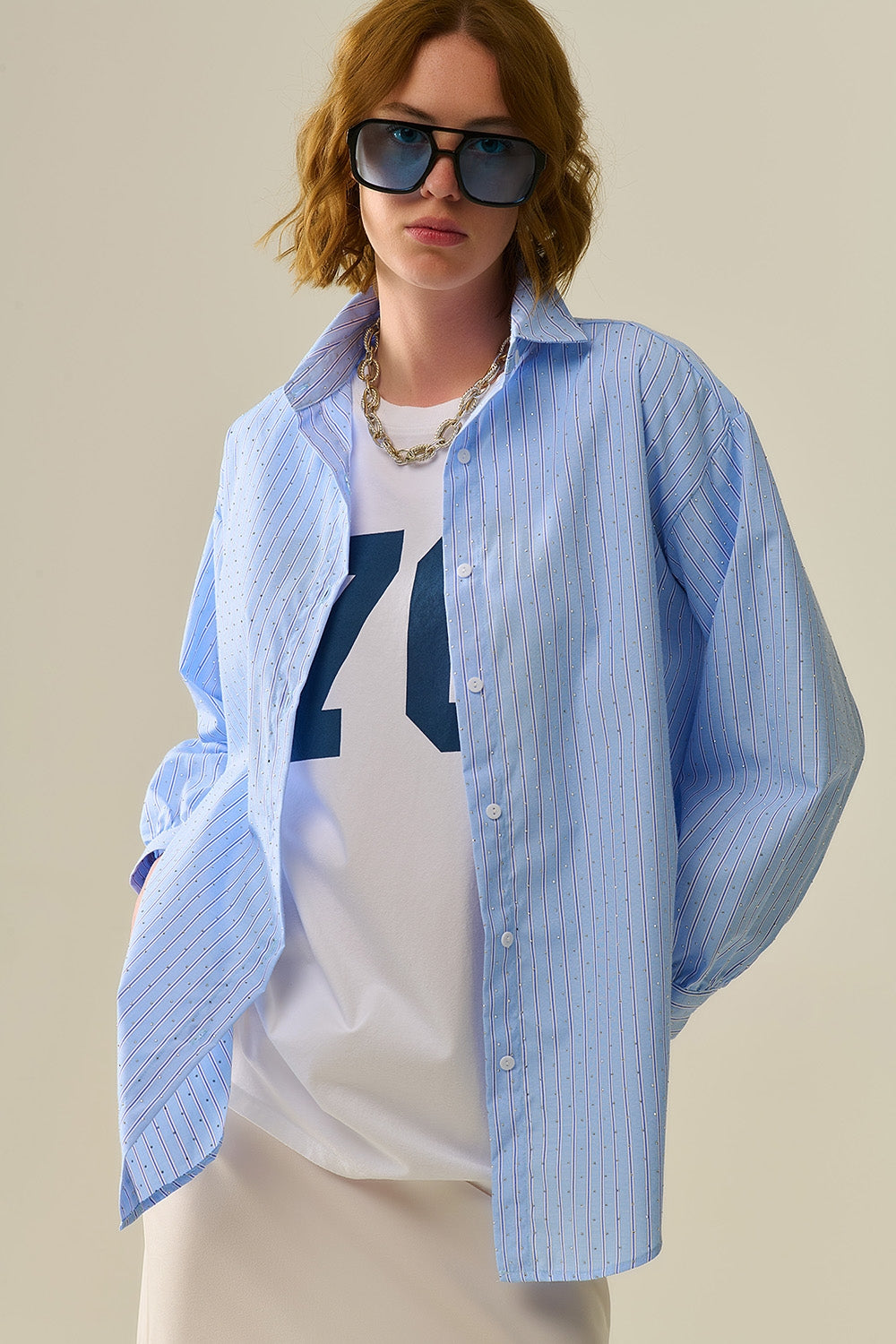 Blue Striped Poplin Shirt Embellished with Strass
