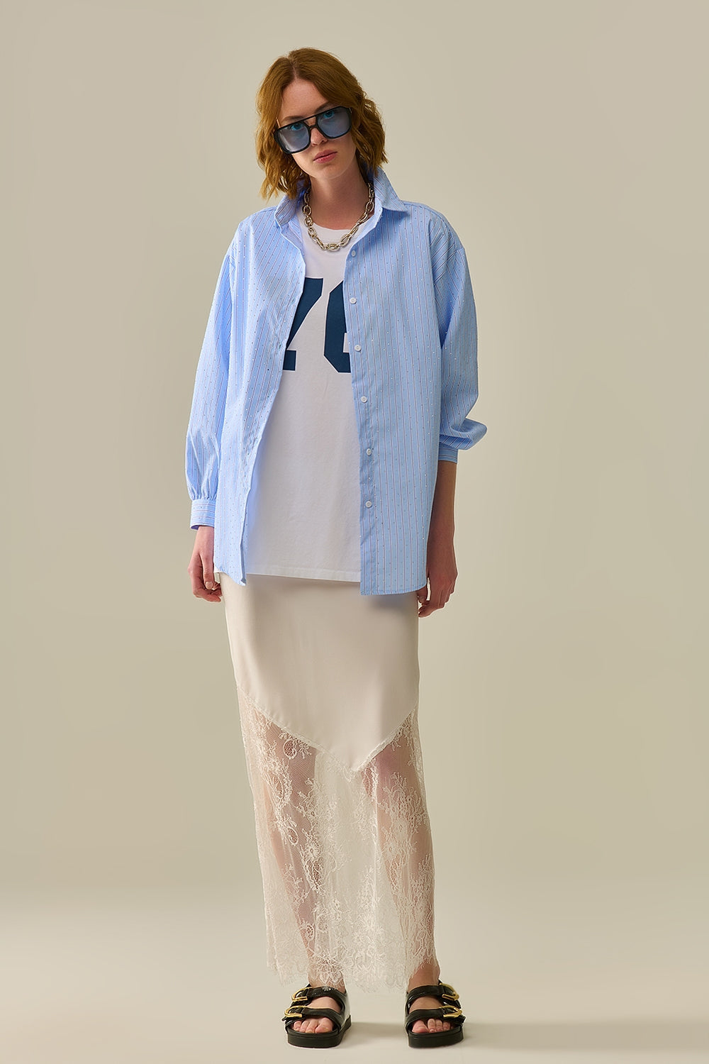 Blue Striped Poplin Shirt Embellished with Strass