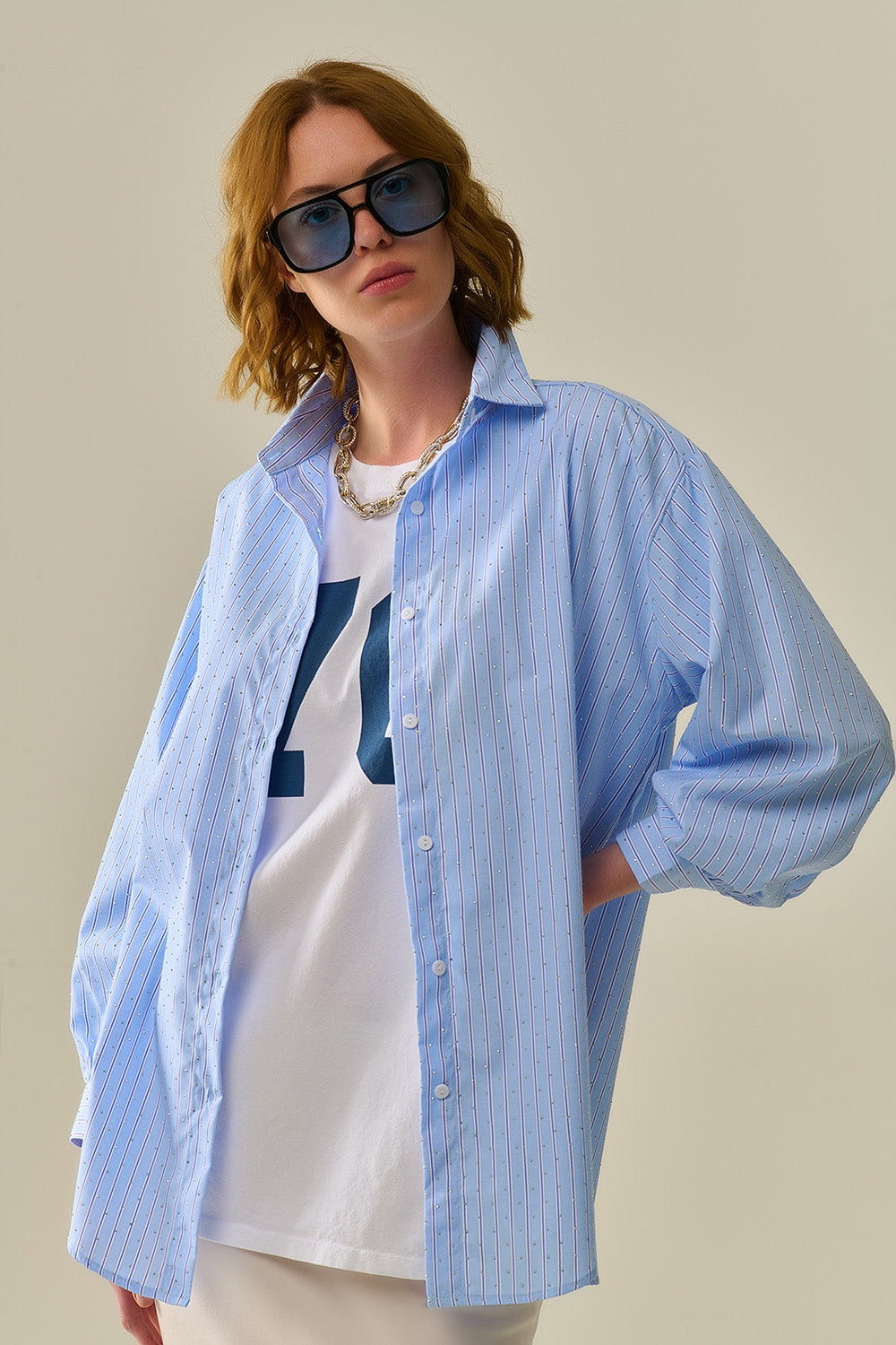 Blue Striped Poplin Shirt Embellished with Strass