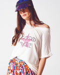 Boat Neack T-Shirt with Good Vibe Text in White and Pink