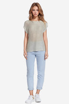 Boat Neck Ribbed Sweater with Cap Sleeves in Beige
