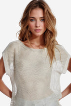 Boat Neck Ribbed Sweater with Cap Sleeves in Beige