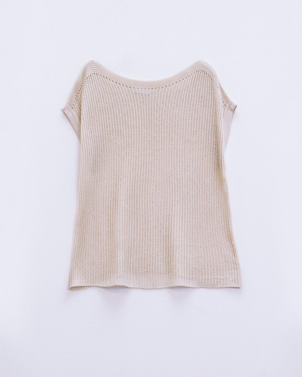 Boat Neck Ribbed Sweater with Cap Sleeves in Beige