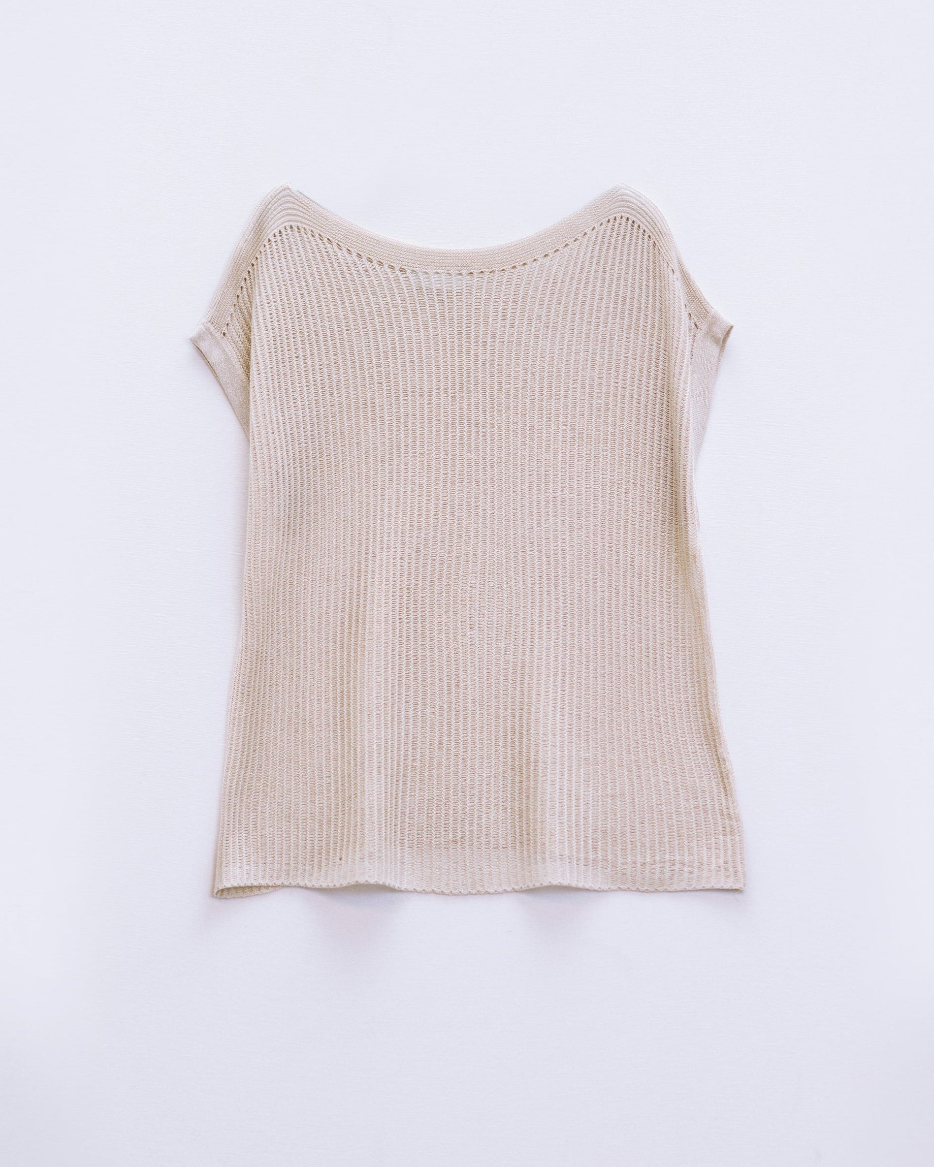 Boat Neck Ribbed Sweater with Cap Sleeves in Beige