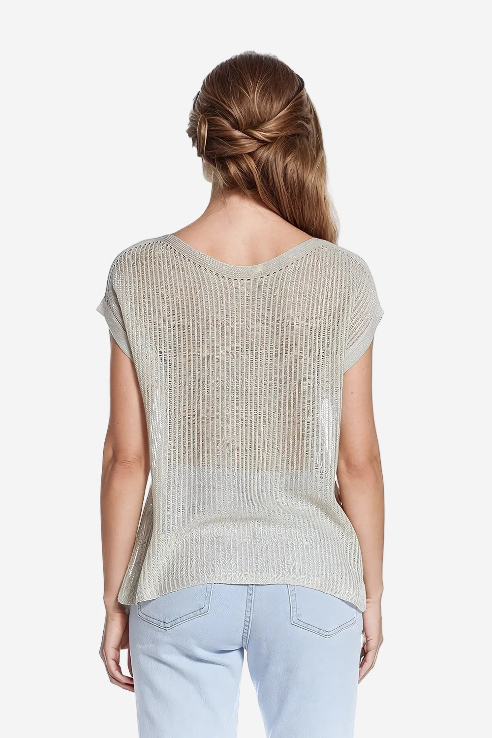 Boat Neck Ribbed Sweater with Cap Sleeves in Beige
