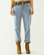 Boyfriend Light Blue Jeans with Stitching Details on the Edges