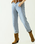 Boyfriend Light Blue Jeans with Stitching Details on the Edges