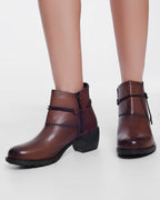 Brown Blocked Mid Heeled Ankle Boots with Round Toe