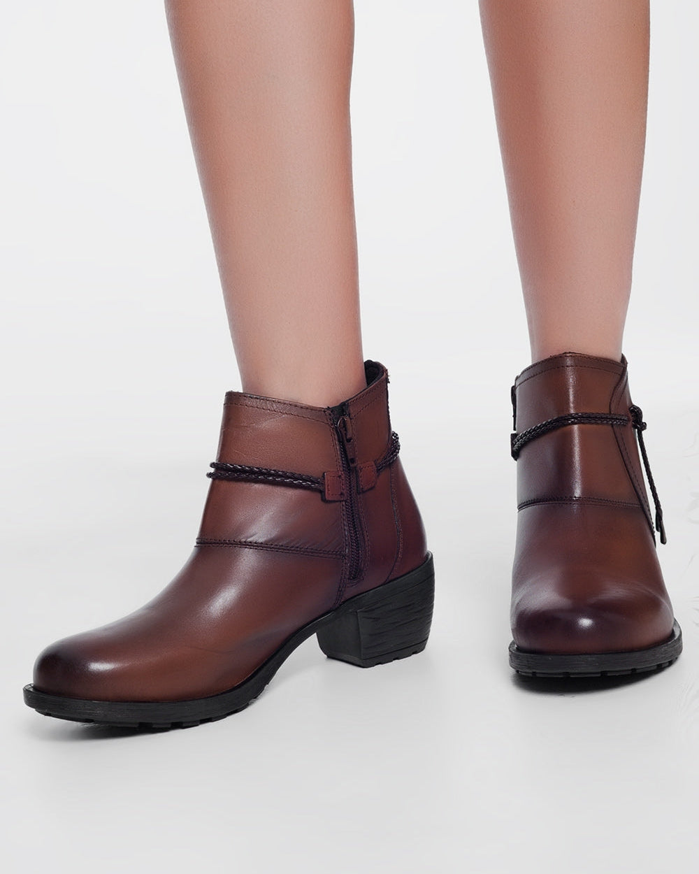 Brown Blocked Mid Heeled Ankle Boots with Round Toe
