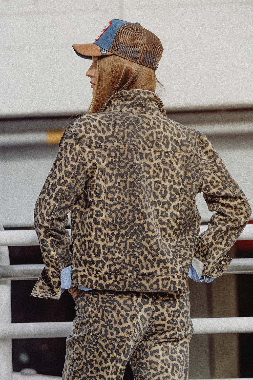 Brown Jacket with Leopard Print in Denim Fabric