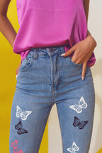 Butterfly Detail Skinny Jeans in Light Blue Wash