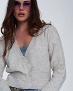 Button Front Cropped Knit Cardigan in Light Gray
