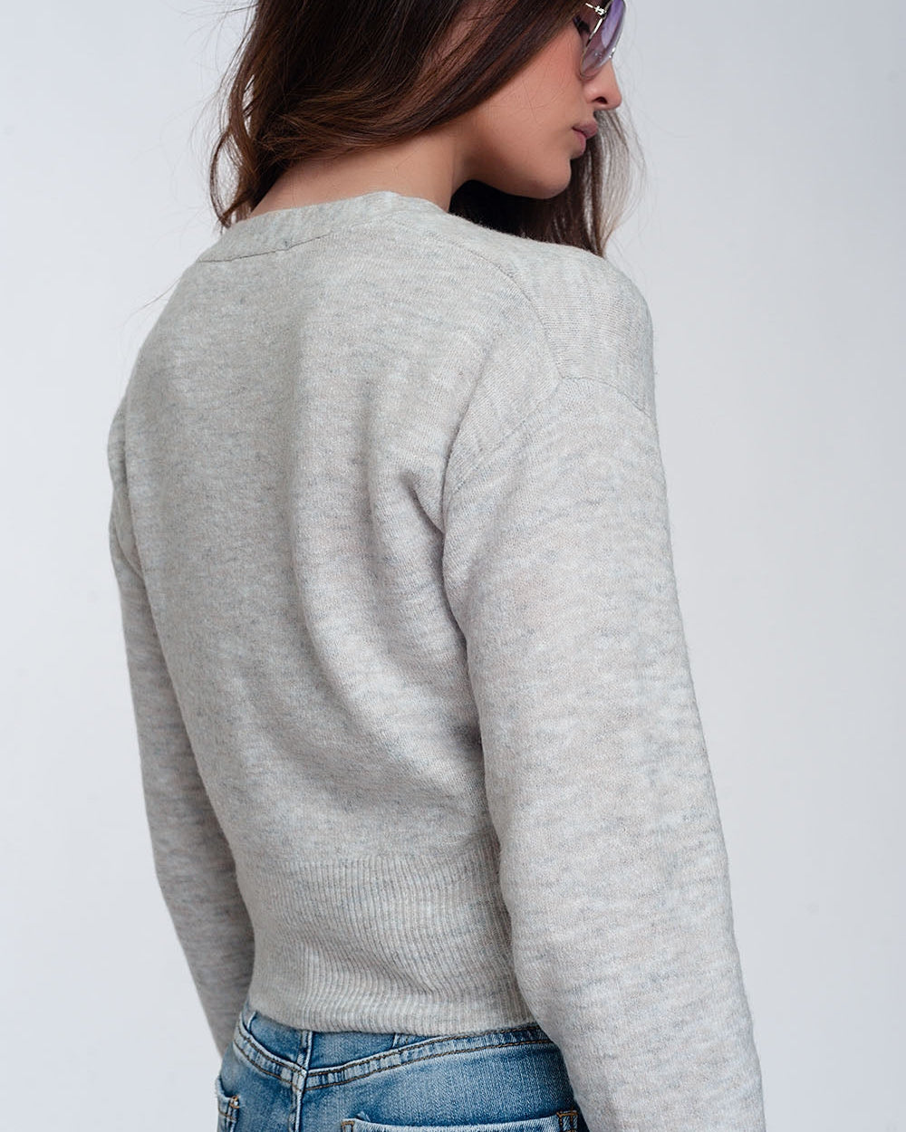 Button Front Cropped Knit Cardigan in Light Gray