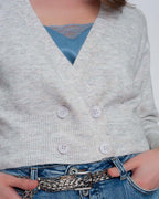 Button Front Cropped Knit Cardigan in Light Gray