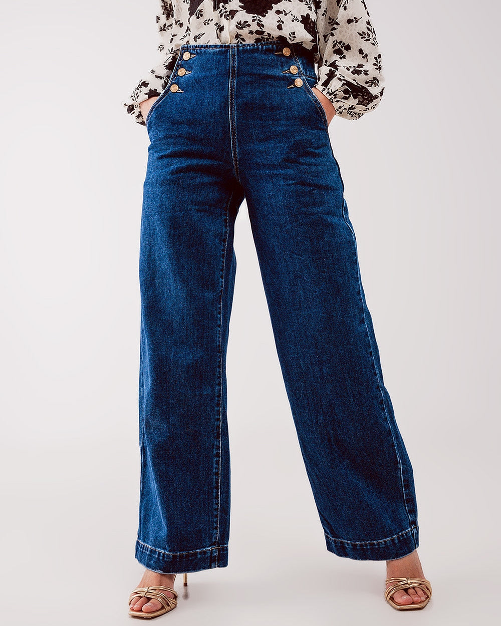 Button Front Jean in Mid Blue