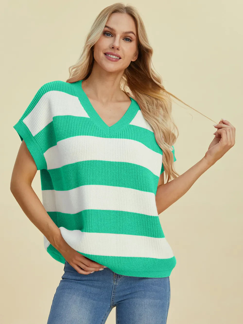 Double Take Striped V-Neck Short Sleeve Sweater