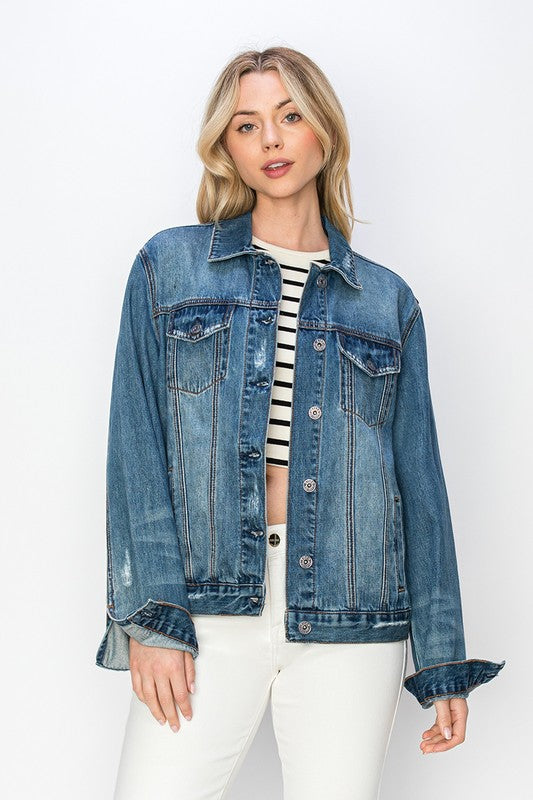 Dark Denim Distressed Button Up Jacket