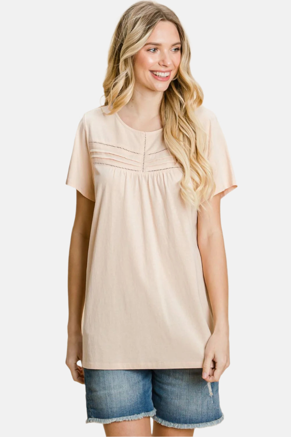 Eyelet Round Neck Short Sleeve T-Shirt