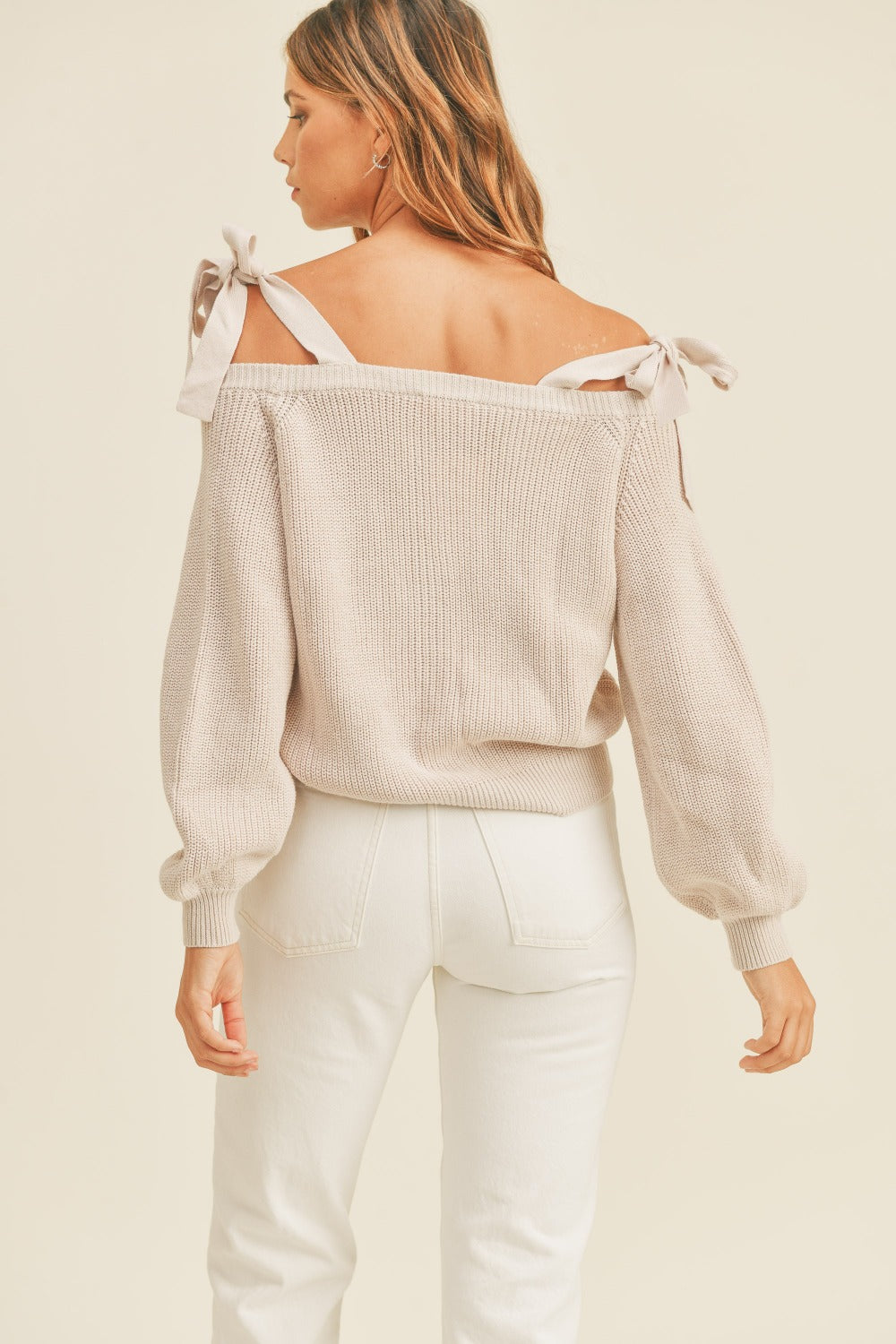 Off Shoulder Self Tie Strap Button Down Sweater