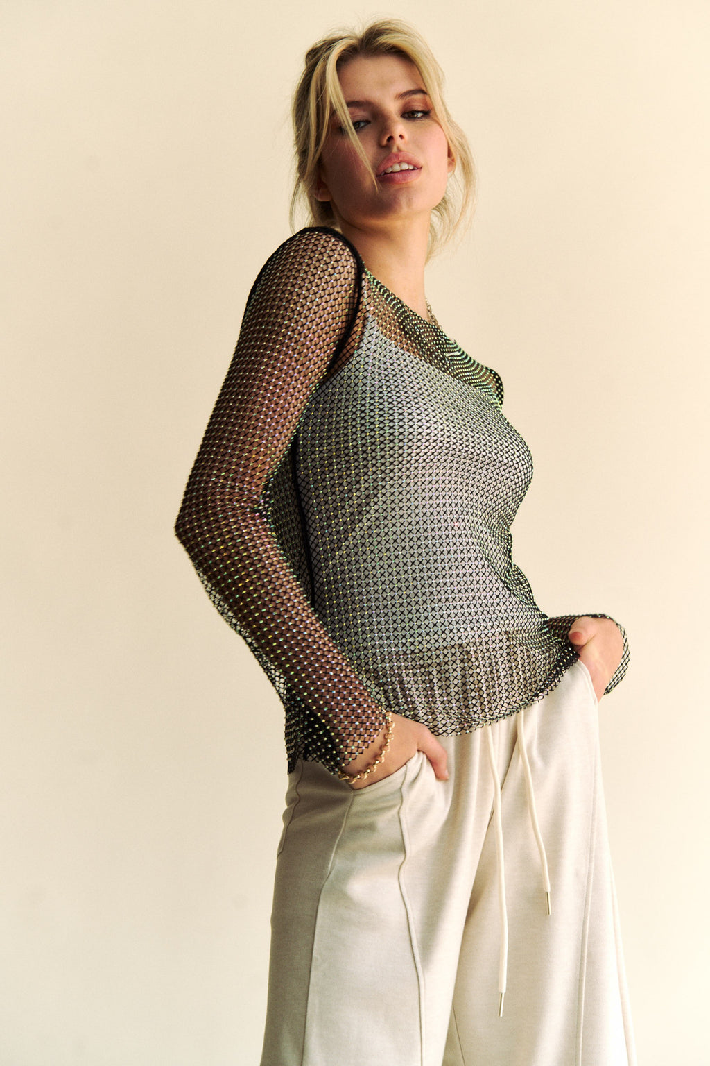 Black Sparkling Rhinestone Sheer Mesh Round Neck Top