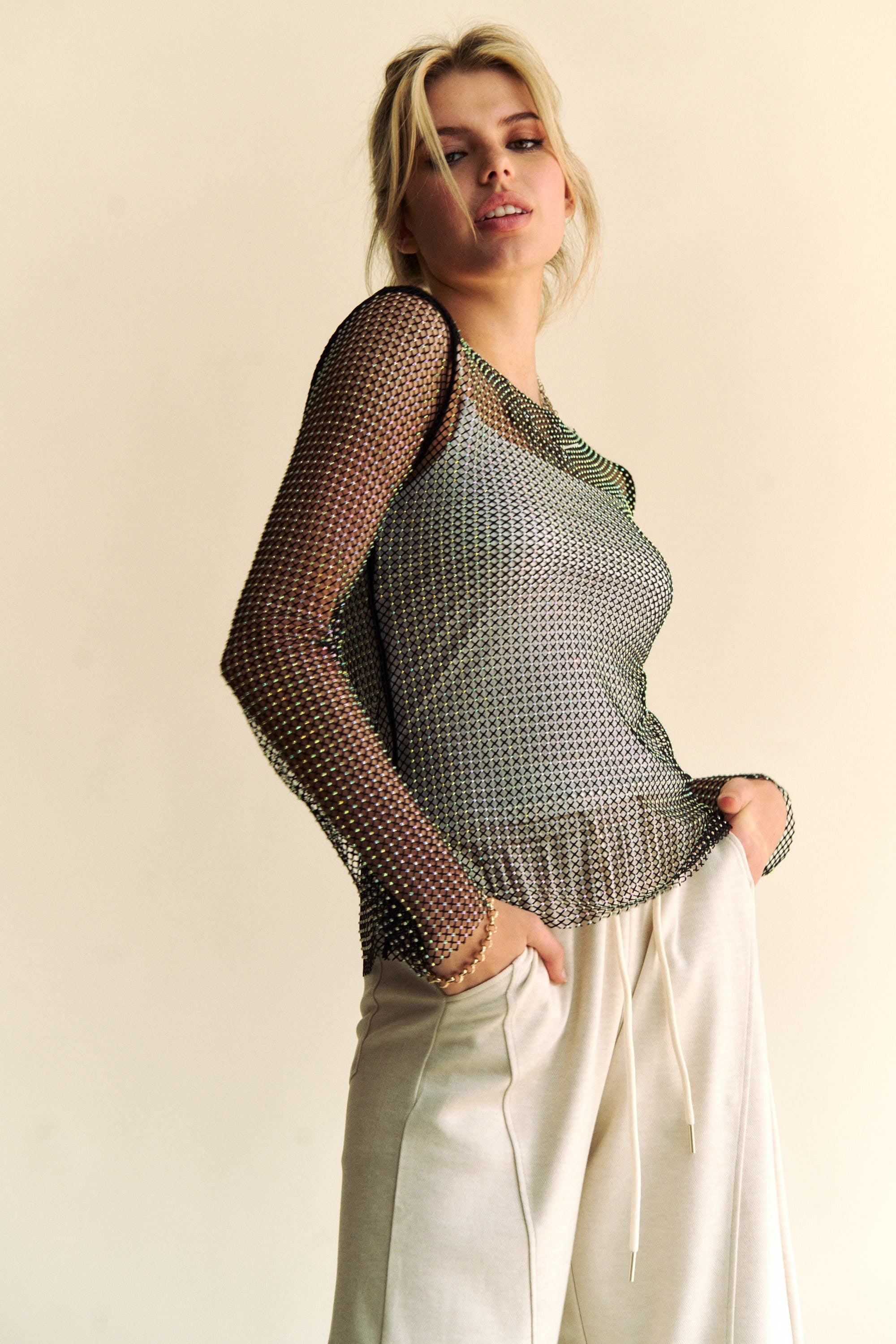 Black Sparkling Rhinestone Sheer Mesh Round Neck Top