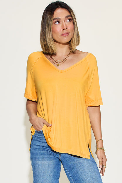 Bamboo Slit V-Neck Short Sleeve T-Shirt