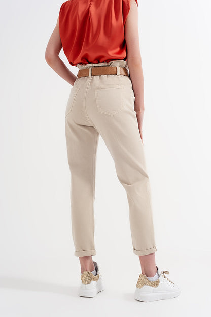 Elasticated Paper Bag Waist Mom Jeans in Beige