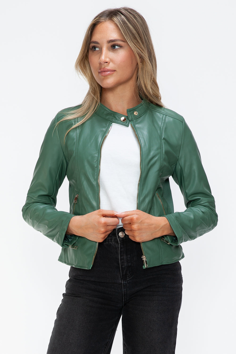 Sage Leather Zip-Up Drawstring Hooded Jacket