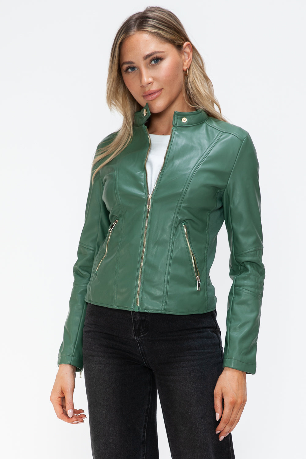 Sage Leather Zip-Up Drawstring Hooded Jacket