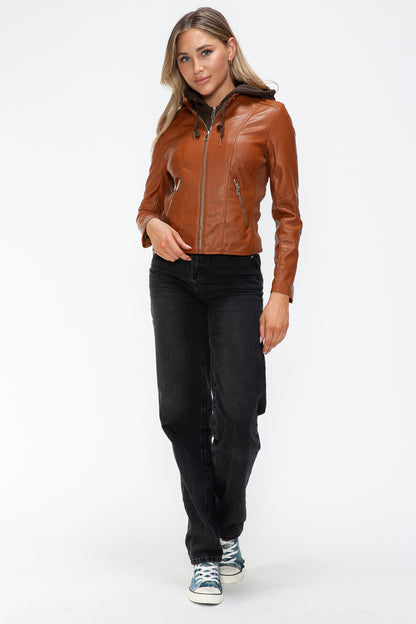 Camel Leather Zip-Up Drawstring Hooded Jacket