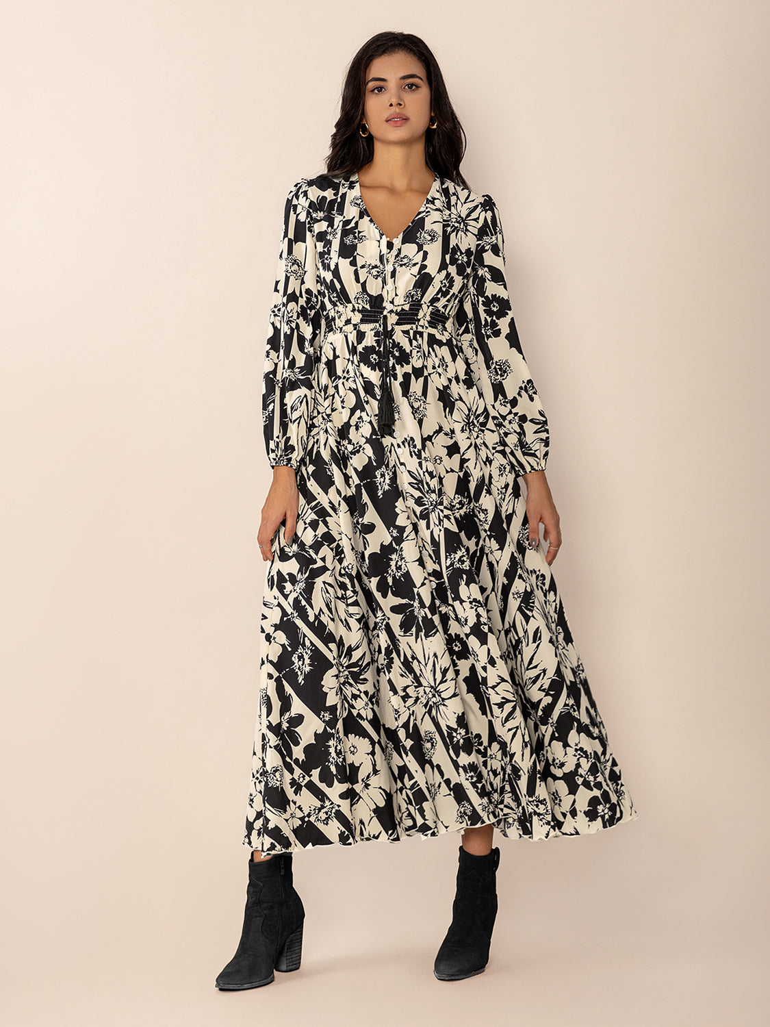 Floral Print Tied V-Neck Long Sleeve Midi Dress