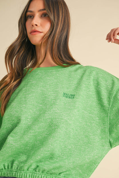 Letter Embroidery Crop Sweatshirt Green