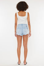 Mid Wash Distressed Button Fly Denim Shorts