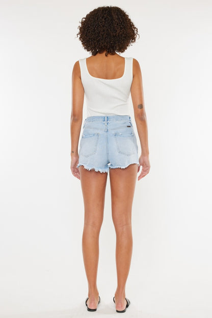 Mid Wash Distressed Button Fly Denim Shorts