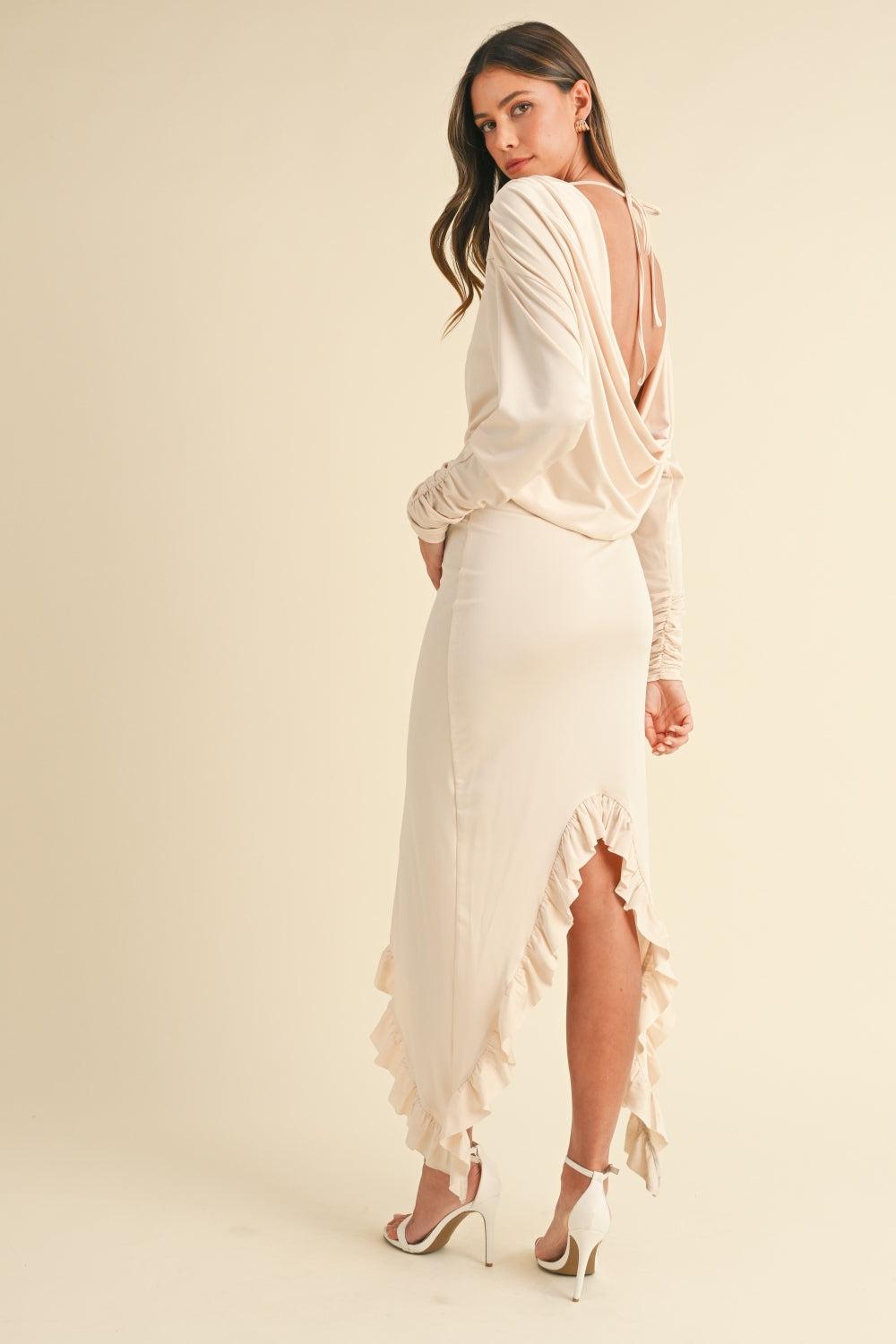 Backless Asymmetric Ruffle Hem Dress Cream