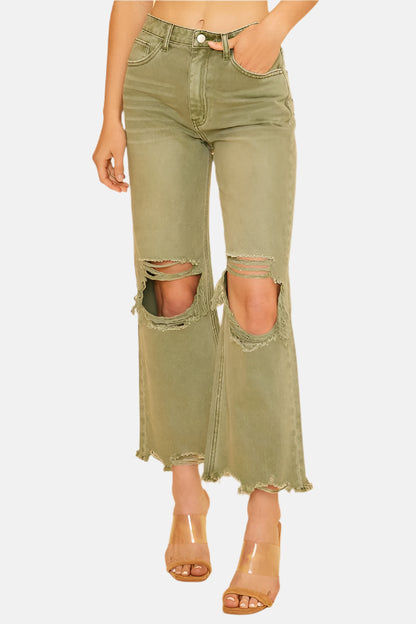 Distressed Raw Hem Jeans Green