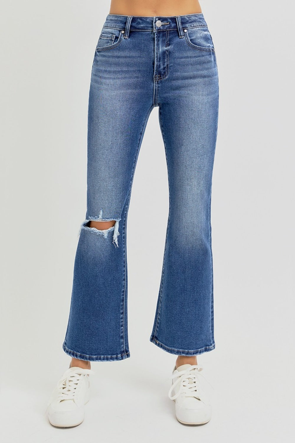 Distressed High Rise Crop Flare Jeans