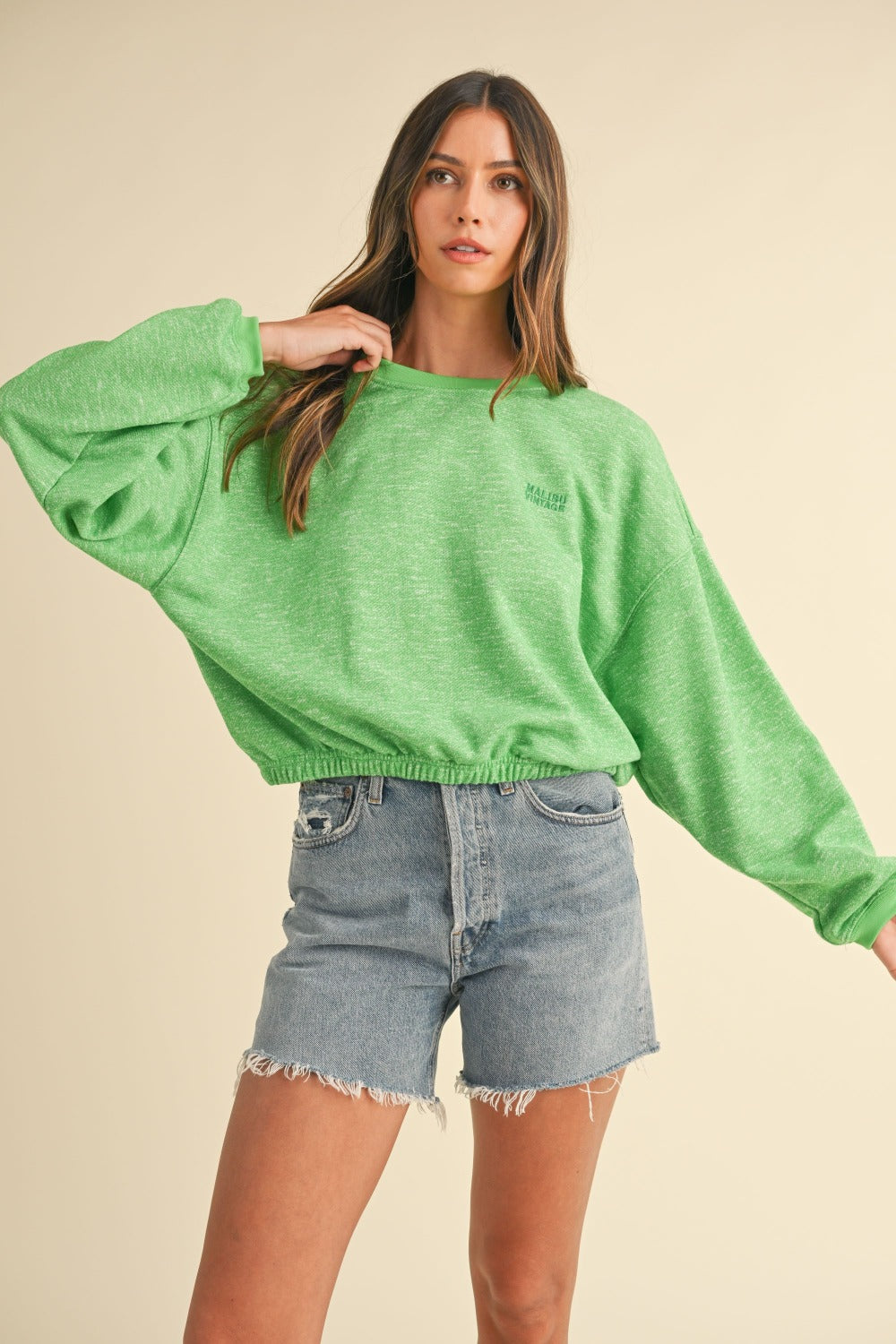 Letter Embroidery Crop Sweatshirt Green