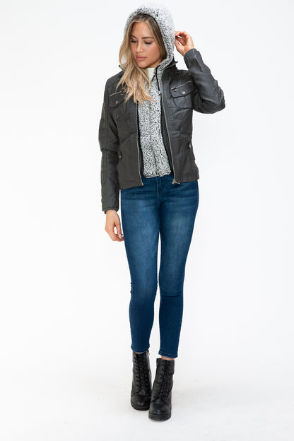 Removable Faux Layered Multi-Pocket Jacket with Fuzzy Hood Charcoal