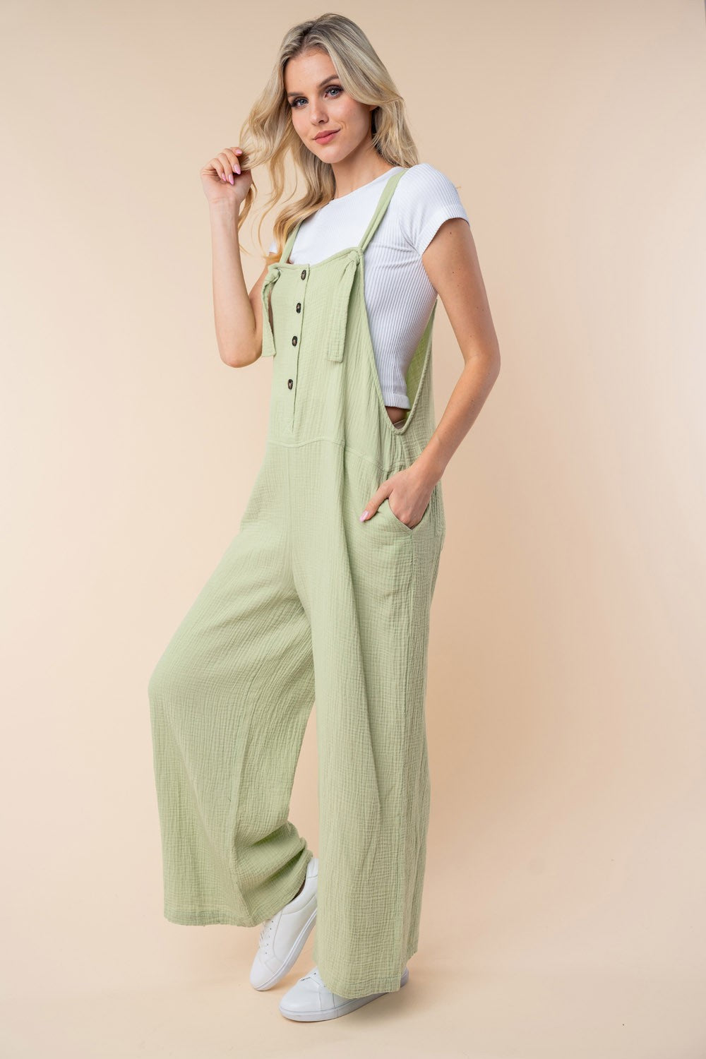 Cotton Texture Sleeveless Wide Leg Jumpsuit