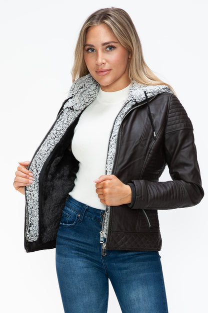 Faux Layered Double-Zipper Jacket with Fuzzy Hood Dark Choco