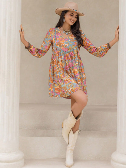 Printed V-Neck Balloon Sleeve Mini Dress