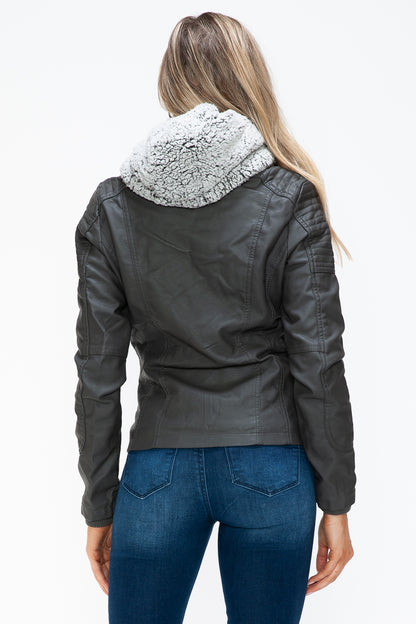 Removable Faux Layered Multi-Pocket Jacket with Fuzzy Hood Charcoal