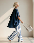 Women's Striped Batwing-Sleeve Loose Linen Two-Piece Set